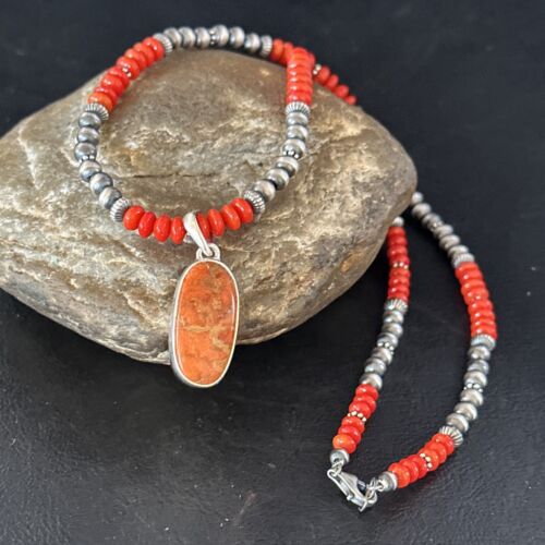 Native Navajo Red Apple Coral Sterling Silver Necklace Pendant Naja 14373