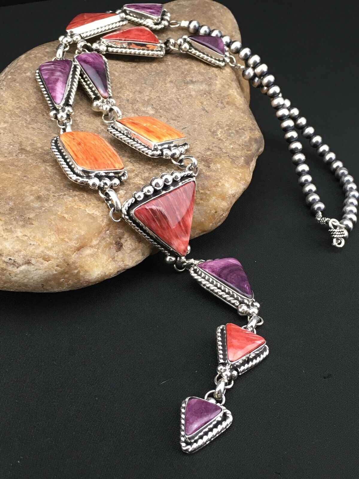 Navajo Spiny Oyster Pendant Necklace | Sterling Silver Lariat | Authentic Native American Handmade | 4904