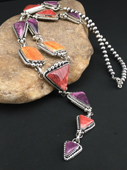 Navajo Spiny Oyster Pendant Necklace | Sterling Silver Lariat | Authentic Native American Handmade | 4904