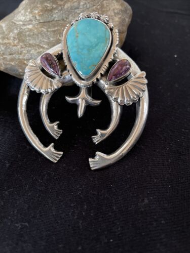Navajo Sterling Silver Naja Pendant | Turquoise & Spiny Oyster | Authentic Native American Handmade | 01059