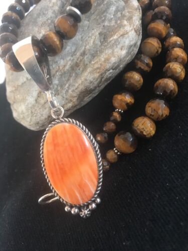 Navajo Spiny Oyster Pendant with Tigers Eye | Sterling Silver Necklace | Authentic Native American Handmade | 3652