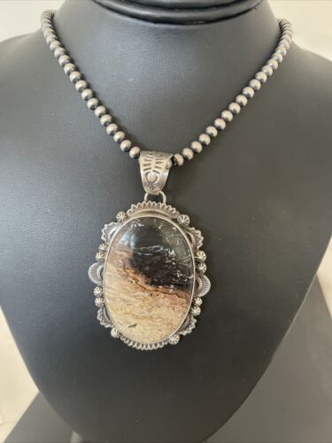 Navajo Pearls Picture Jasper Pendant Necklace | Sterling Silver | Authentic Native American Handmade | 1301