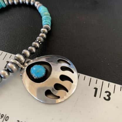 Navajo Bear Paw Pendant Necklace | Sterling Silver | Blue Turquoise | Men's | Authentic Native American Handmade | 12550