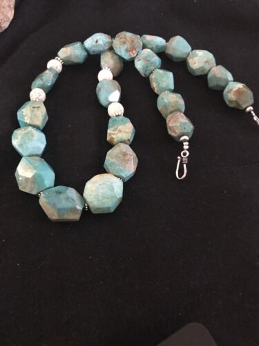 Chunky Turquoise Men's Necklace | Sterling Silver Faceted | Southwestern Navajo | 21" |  8140 - Masha USA