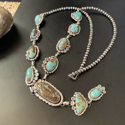 Navajo Blue Turquoise Lariat Necklace | Sterling Silver | Authentic Native American Handmade | 11468