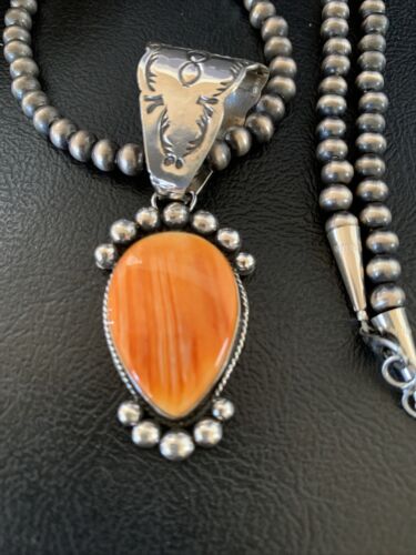 Navajo Orange Spiny Oyster Pendant Necklace | Sterling Silver | Authentic Native American Handmade | 13076