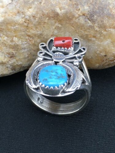 Navajo Southwestern Blue Turquoise & Coral Ring | Authentic Native American Sterling Silver | Multi-Stone | Sz 9.5 | 4857