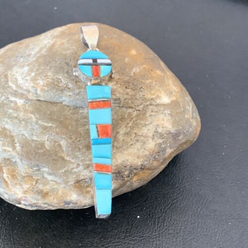 Navajo Blue Turquoise Spiny Inlay Pendant | Sterling Silver | Authentic Native American Handmade | 10881