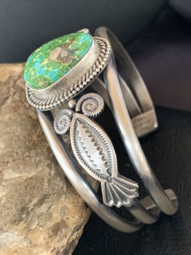 Navajo Green Sonoran Gold Turquoise Cuff Bracelet | Sterling Silver | Authentic Native American Handmade | 13830