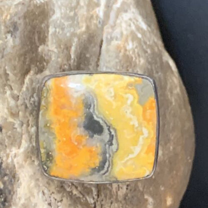 Yellow Square Bumble Bee Jasper Ring Sz 8 Adjustable | Navajo Sterling Silver | Handmade 14022