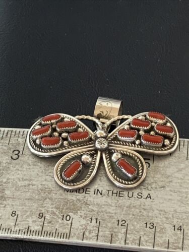 Navajo Red Coral Butterfly Pendant | Authentic Native American Sterling Silver | Multi-Stone | 1.5" | 1998