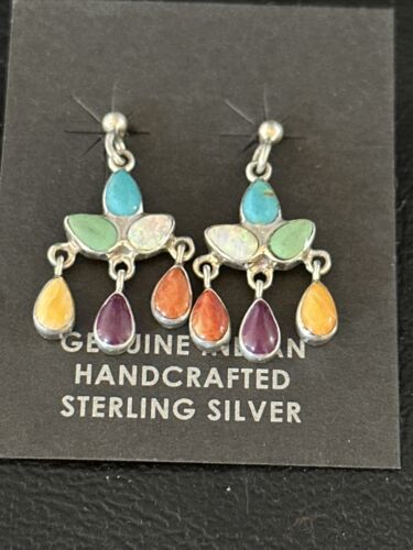Navajo Multi-Color Turquoise Spiny Opal Inlay Sterling Earrings 1" | Handmade | 14410