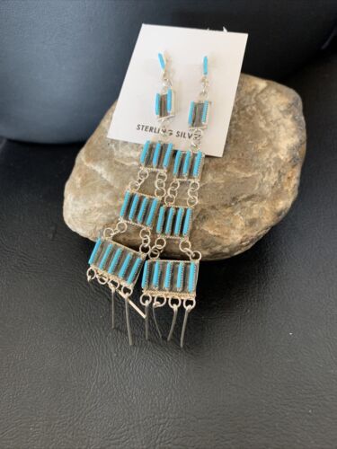 Zuni Handmade Kingman Turquoise Needle Point Dangle Earrings | Sterling Silver | 12123