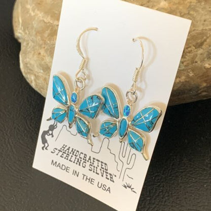 Navajo Blue Turquoise Inlay Butterfly Earrings | Sterling Silver | 0.5" | 12013 - Masha USA