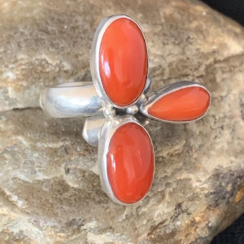 Navajo Red Coral Multi-Stone Ring | Authentic Native American Sterling Silver | Multi-Stone | Sz 7.5 | 14214