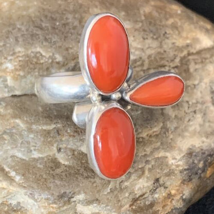Navajo Red Coral Multi-Stone Ring | Authentic Native American Sterling Silver | Multi-Stone | Sz 7.5 | 14214