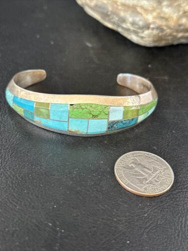 Native American Men's Blue Green Turquoise Inlay Bracelet | Sterling Silver | 14302 - Masha USA