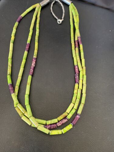 Navajo Green Purple Jasper 3-Strand Bead Necklace | Sterling Silver | 24" | Authentic Native American Handmade | 12511