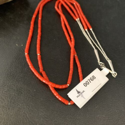 Navajo Red Coral Liquid Heishi Necklace | 2 Strands Sterling Silver Tubes | 22" | Authentic Native American Handmade | 768
