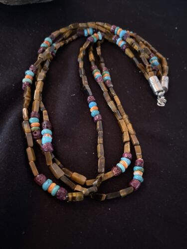 Navajo Turquoise, Tigers Eye & Spiny Oyster Necklace | Sterling Silver | Authentic Native American Handmade | 1132