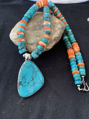 Navajo Pearls Spiderweb Spiny Oyster Turquoise Necklace Pendant | Sterling Silver | Southwestern Native American | 00833