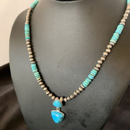 Navajo Pearl Necklace with Blue Cluster Turquoise Multi-Stone Pendant | Authentic Native American Sterling Silver | 12549