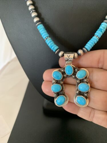 Navajo Blue Turquoise Necklace with Sterling Silver Naja Pendant | Authentic Native American Handmade | 02016