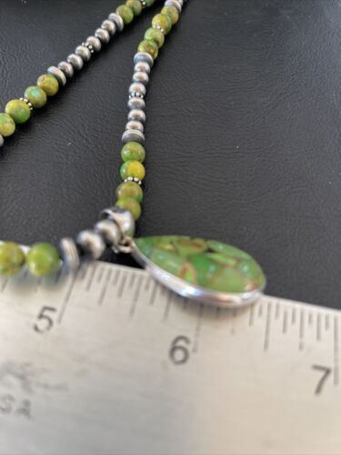 Women's Navajo Pearl Necklace with Green Mojave Turquoise Pendant | Sterling Silver | Native American Handmade | 10581