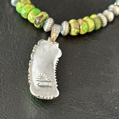 Navajo Green Turquoise Pendant Necklace | Sterling Silver | 22" | Authentic Native American Handmade | 14614 - Masha USA