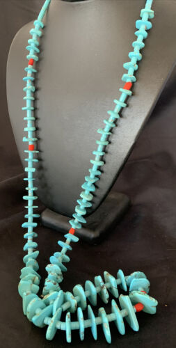 Authentic Native American Santo Domingo Necklace | Sterling Silver, Coral & Turquoise | 36" Graduated | 12068