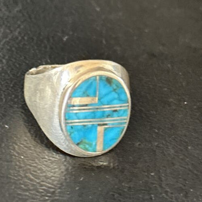 Navajo Blue Turquoise Inlay Ring | Sterling Silver | Sz 9.5 | Authentic Native American Handmade | 14749
