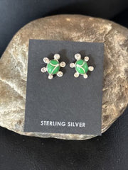 Navajo Turtle Green Turquoise Inlay Earrings | Sterling Silver | Authentic Native American Handmade | 14778