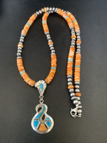 Navajo Pearls Necklace with Orange Spiny Oyster & Turquoise Pendant | Sterling Silver | Authentic Native American | 20" | 12703