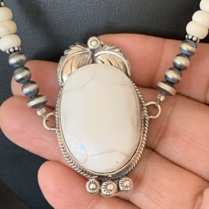 Navajo Pearls White Buffalo Turquoise Necklace Pendant | Sterling Silver | Authentic Native American Handmade | 10804 - Masha USA