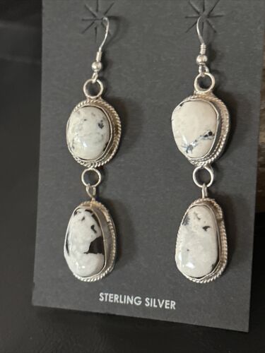 Navajo White Buffalo Turquoise Dangle Earrings | Sterling Silver | 2" | Authentic Native American Handmade | 14712