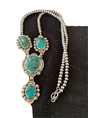 Navajo Lariat Spiderweb Turquoise Pendant Necklace | Sterling Silver | 25" | Authentic Native American Handmade | 01337