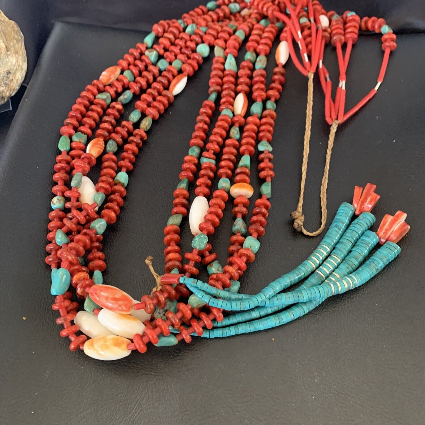 Southwestern Santo Domingo Red Coral Green Turquoise 5-Strand Jacla Necklace | 36" | Native American Handmade | 12053