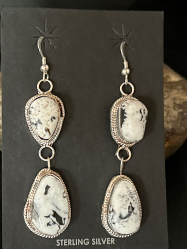Navajo White Buffalo Turquoise Dangle Earrings | Sterling Silver | 2" | Authentic Native American Handmade | 14714