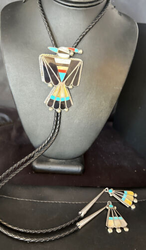 Men's Bolo Tie | Zuni Thunderbird Kingman Turquoise Inlay | Sterling Silver | 14232