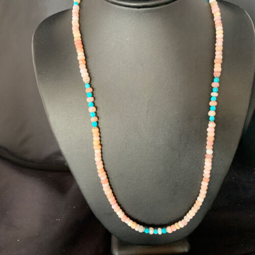 Navajo Blue Turquoise Pink Opal Bead Necklace | Sterling Silver | Authentic Native American Handmade | 22" | 13592