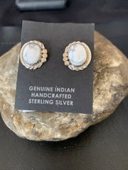 Navajo Sterling Silver White Howlite Oval Earrings | 0.50" | Authentic Native American Handmade | 13374