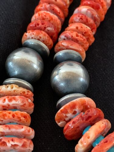 Red Spiny Oyster & Blue Turquoise Graduated Necklace | Sterling Silver | Authentic Native American | 25" | 13712