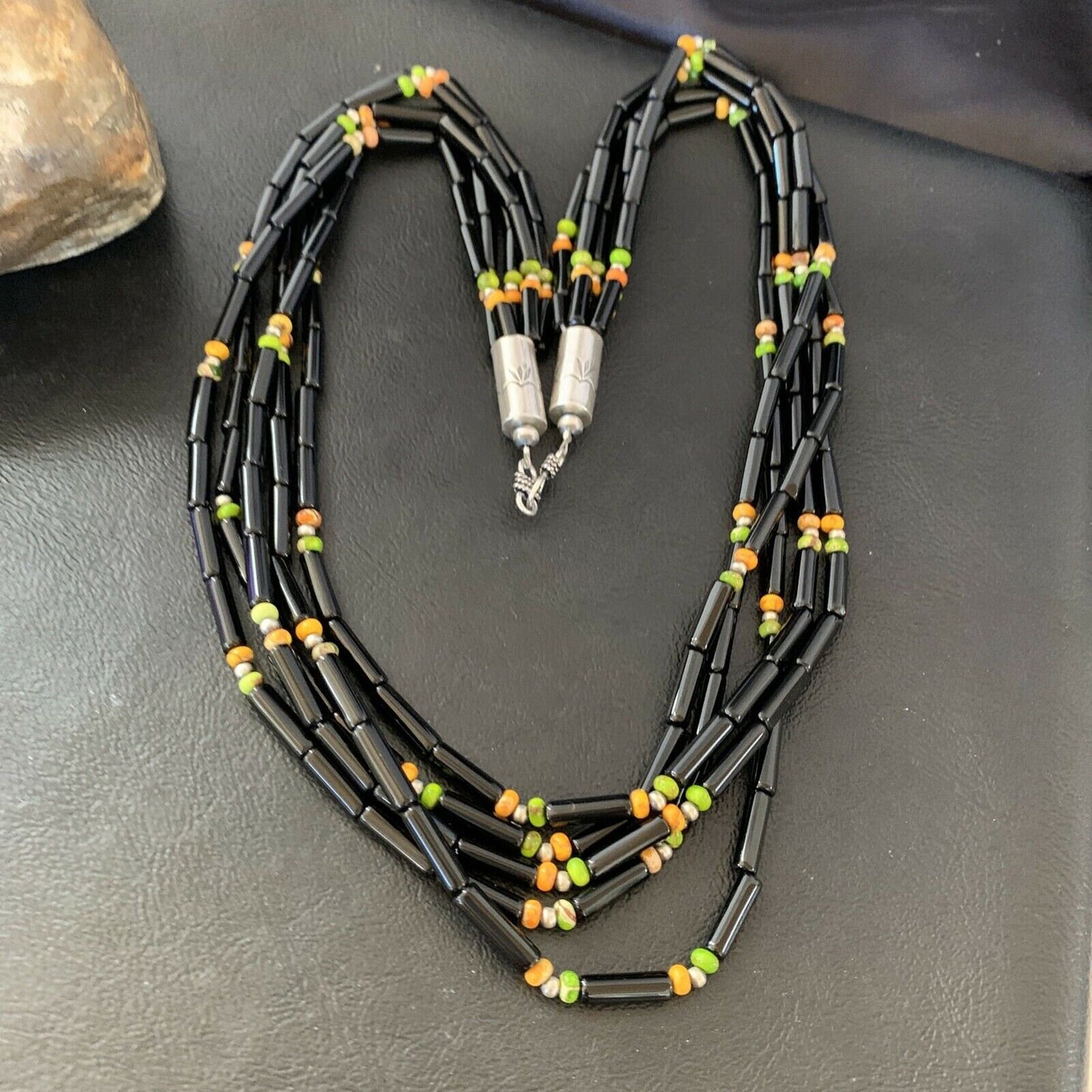 Navajo Black Onyx Spiny Turquoise Bead Necklace with Pendant | Sterling Silver | 22" | 10922