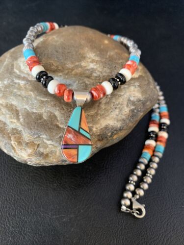 Navajo Multi-Color Turquoise Onyx Inlay Pendant Necklace | Sterling Silver | Authentic Native American Handmade | 13799
