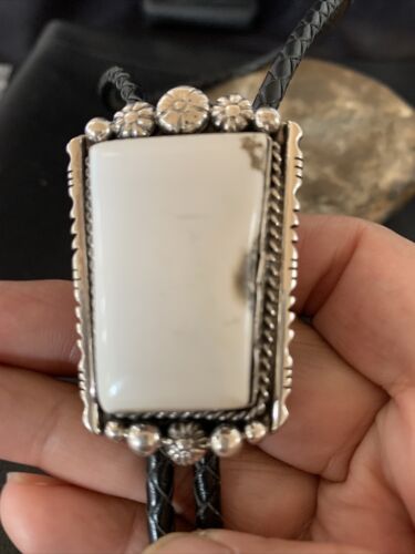 Men's Bolo Tie | White Buffalo Turquoise | Sterling Silver | Navajo | Authentic Native American Handmade | 12906