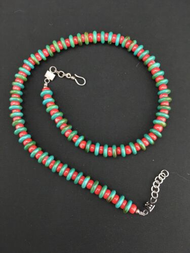 Native American Men's Turquoise & Coral Bead Necklace | Navajo Sterling Silver | 22" | 3712