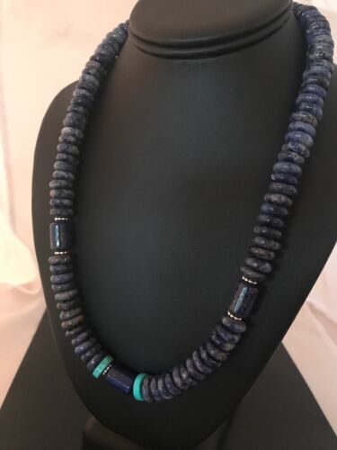 Native American Denim Lapis Turquoise Beads Necklace | Sterling Silver | Men's | 20" | 1281