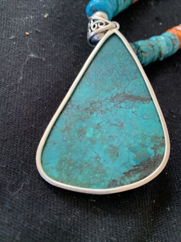 Spiny Oyster Turquoise Navajo Pearls | Spiderweb Pendant | Sterling Necklace | Southwestern | 00835