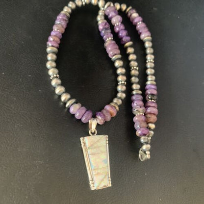 Navajo Purple Charoite White Opal inlay Pendant Necklace | Sterling Silver | Native American Handmade | 13435