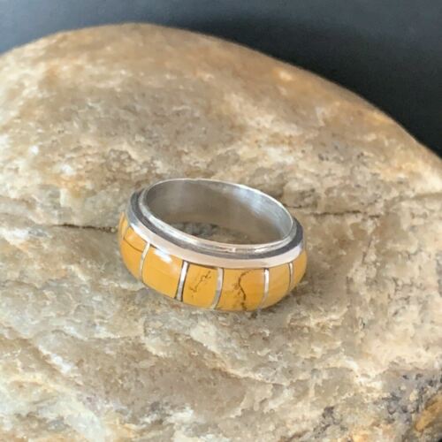 Navajo Yellow Gold Turquoise Inlay Ring | Sterling Silver | Sz 6 | Authentic Native American Handmade | 10355